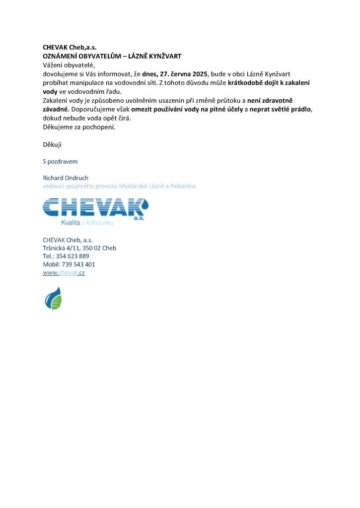 Oznámení obyvatelům města Lázně Kynžvart